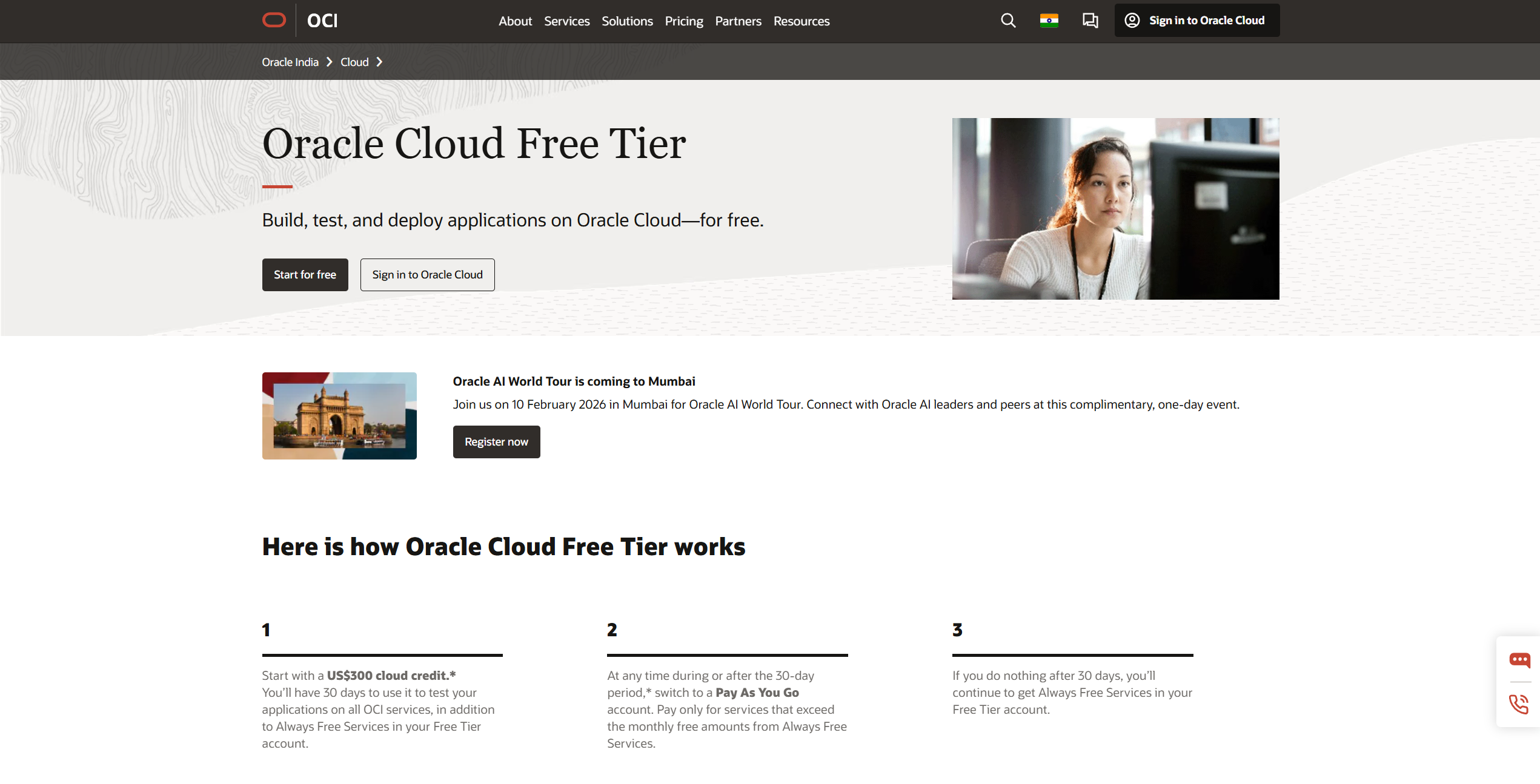 Oracle Cloud Free Tier signup page for free cloud hosting forever, showing the Start for free button
