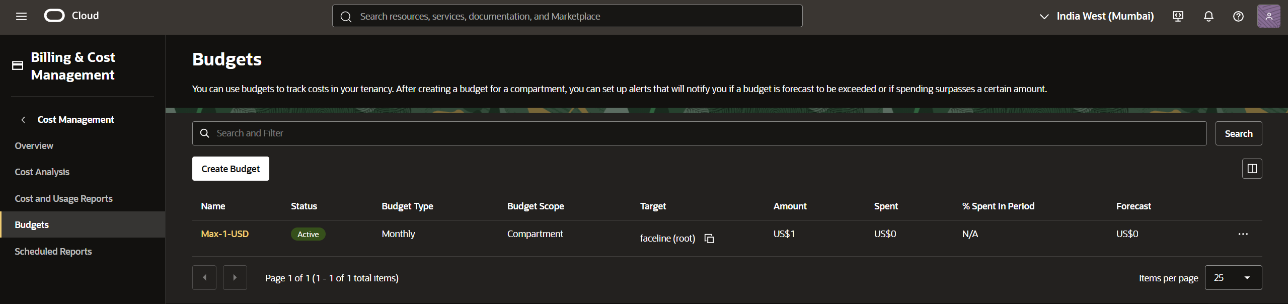 Oracle Cloud Free Tier billing screen creating a $1 budget alert to keep cloud hosting free