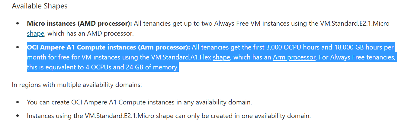 Oracle documentation listing Always Free compute limits for free cloud hosting forever
