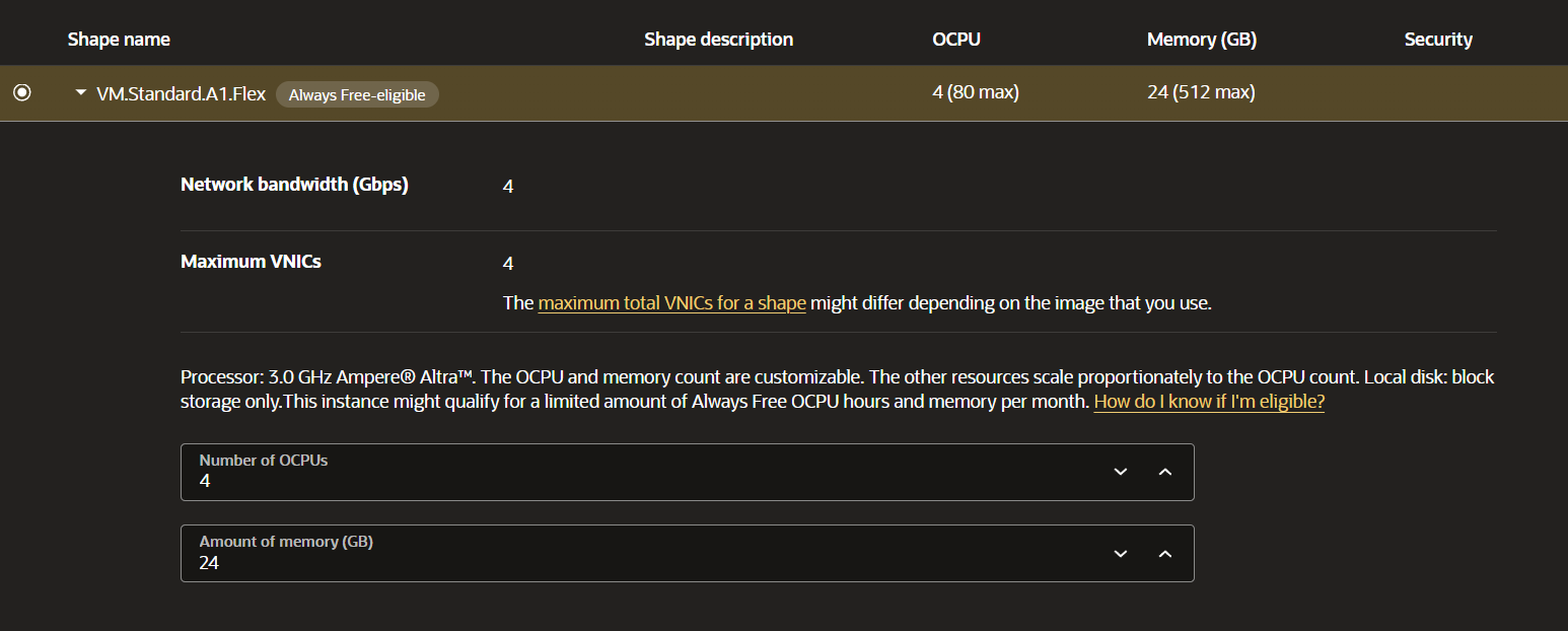 Oracle Cloud free tier shape picker selecting the Always Free Ampere VM.Standard.A1.Flex cloud server with OCPU and memory sliders
